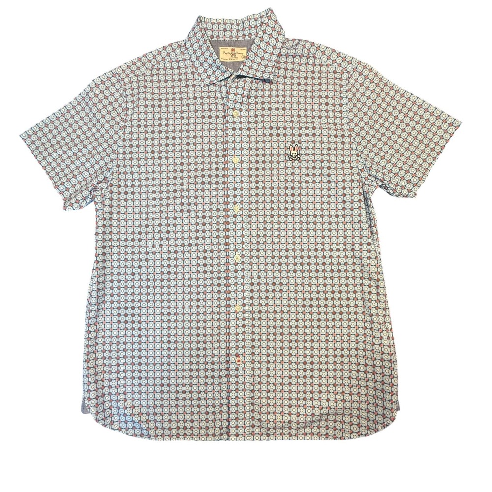 Psycho Bunny Men's Medium Short Sleeve Geometric Print Button Shirt B6Q827J1PC
